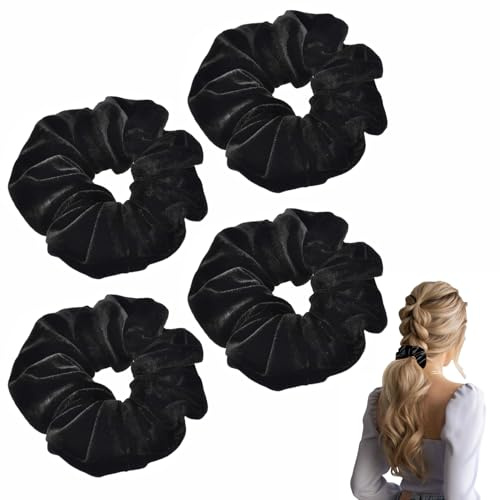 4 Stück Haargummi Schwarz,Haargummis Schwarze Samtstoff,Haar Dickes Scrunchie Haarband Elastisch,Scrunchies Samt Groß,Haarschmuck,Elastische Haarbänder Pferdeschwanz,Stirnband für Damen und Mädchen
