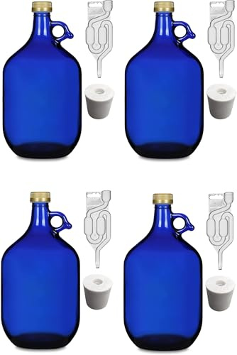 lilawelt24 5L Premium blaue Flasche +STOPFEN +GÄRRÖHRCHEN|GÄRBALLON Weinballon Glasballon Weinflasche| Weinset Gärbehälter/brauen/Wein Machen/Glasflasche (4x SET)