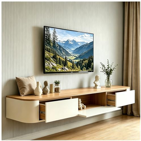 KSYGINXD Moderner TV Schrank 140CM, Fernsehtisch Hängend Beige, TV Lowboard mit 2 Schubladen 1 Klappen Türen, TV Sideboard Wohnzimmer mit Kabelmanagement, TV Tisch für Wohnzimmer und Esszimmer