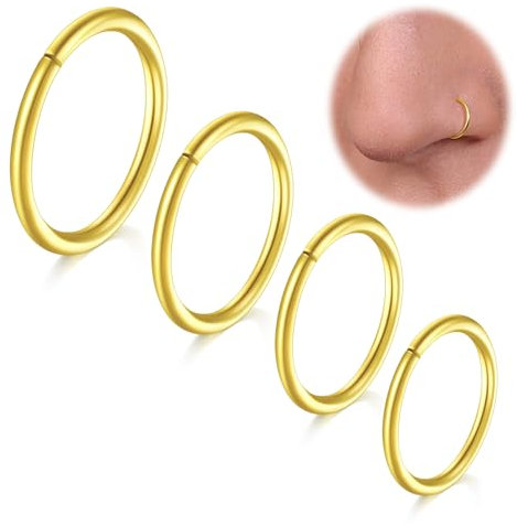 LAURITAMI 4 Stück Nasenpiercing Ring 18G Chirurgenstahl Dünn Nasenpiercing Ring Gold Set,Septum Clicker Ring,Lippe Ohr Nasenpiercing Schmuck 6/8/10/12MM