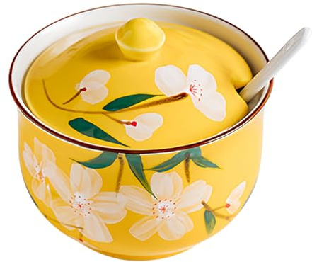 Dowbom Sucrier en Céramique avec Couvercle et Cuillère, Pot de Rangement de 300 ml, Pot à Sucre (Jaune)