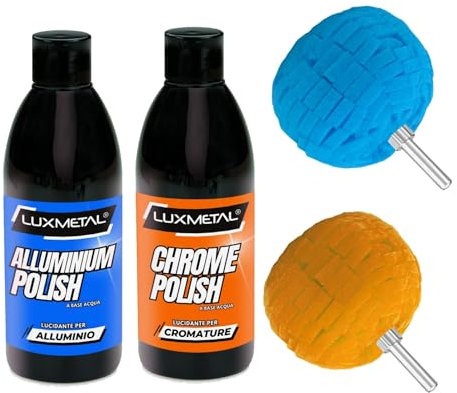 Lux Metal - Kit Polissage Polish Aluminium et Chrome 250g avec 2 Tampons Doux et Moyens, Pâte Abrasive pour Enlever Rayures, Restaurer Brillance Voiture, Moto, Jantes et Carrosserie