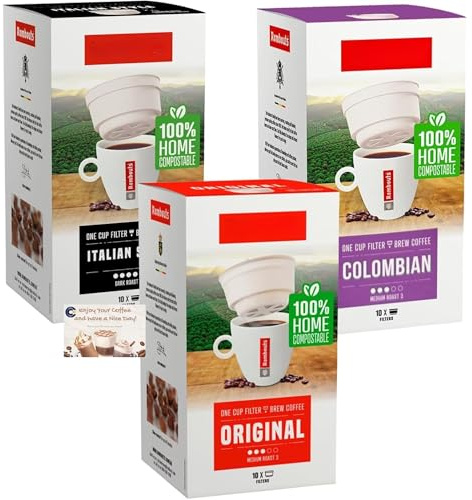Rombouts One Cup Filter Coffee Variety Bundle - Original, Italian Style, and Colombian (10 Filters Each, 70g Per Pack)