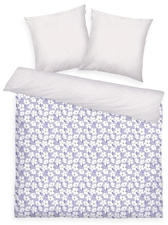 Herding Tom Tailor Linge de Lit Renforcé, 2 * 80x80 + 200x220 cm, 100% Coton/Renforcé, Motif Réversible et Fermeture Eclair Colorée, Fresh Flowers Violet, Blanc (Soft Lilac & Off White)