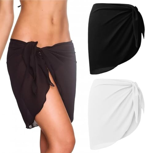 SIRLOMU 2 pièces Pareo Femme Plage, Wrap de Plage Femme, Cache-Maillots, Sarongs, Couverture de Bikini, Jupes Wrap, Beachwear, Maillot De Bain Cover Up, Pareo de Plage, Sarong Femme (Noir & Blanc)