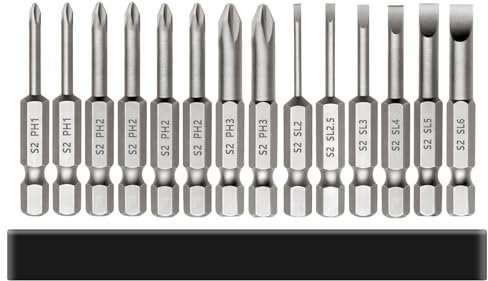 Saipor 14PCS 50mm Embout de Tournevis Fendus et Cruciformes, 1/4 pouce Tige Hexagonale Tête Plate Embout Fendue, Magnétique Flat Head + Phillips Head Screw Driver Bits
