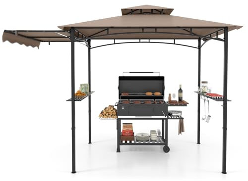 COSTWAY Cenador de Barbacoa 318 X 153 Cm, Techo Lateral, Carpa Barbacoa 2 Estantes Laterales y Parte Superior de 2 Niveles, Estructura Metal, Pergolas de Jardin Exterior (café)