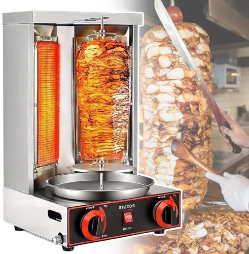 vnmudzeo MáQuina para Cocinar Shawarma De Pollo, 2 Quemadores, RotacióN Vertical A Gas con RotacióN AutomáTica Asador, Ajuste De 50 A 350 °C,Silver