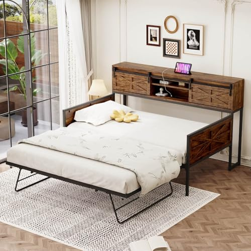 PUGSDRLY Canapé Lit en Fer 90x200cm avec lit gigogne,canapé lit 2 Places Convertible avec Compartiments de Rangement et Prises,pour Enfant,Adolescent,Adulte (Marron+Noir)