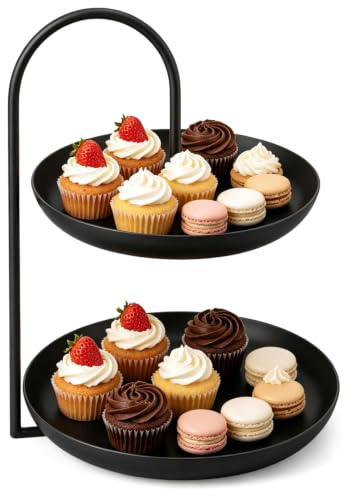 2 Tiered Tray Stand, Rustic Cupcake Stand Tiered Serving Tray Tea Party Serving Platter Wedding Decor for Display Fruits Dessert (Black)