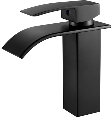 Wasserhahn Bad Schwarz, Wasserfall Waschtischarmatur 105 mm, Schwarz Matt | Auslauf Höhe 105mm, Keramikkartusche, 60cm Flexschlauch, G3/8 Anschlüsse, Einlochmontage, Wassersparend, Eckig, Messing