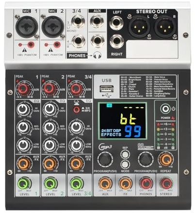 4 Channel Mixing DJ Console 99 Effect 48V Sound Audio Mixer USB PC Record Play For Home Party