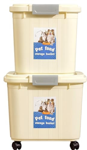Greenfields 2-Piece Pet Food Storage Bin Set – Stackable 32L & 20L BPA-Free Plastic Dog Cat Food Containers with Airtight Snap Lids and Rolling Casters for Dry Kibble, Treats & Supplies