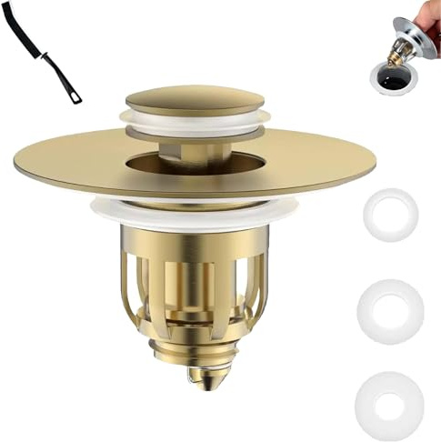 Magic 2in1 Universal Abfluss-Stöpsel mit Abflusssieb, inkl. 3 Dichtungsringe – Verhindert Verstopfungen & Tropfen, Rostfrei, für Waschbecken, Spüle, Badewanne & Dusche (Gold)