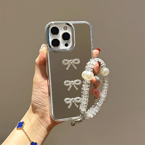 BEENTRYS Funda Espejo para Moto E13 Funda,Bonito Diseño Lazos Strass Estético Niñas Mujeres Brillante Suave TPU Delgado Antigolpes Carcasa con Pulsera Perlas-Plata