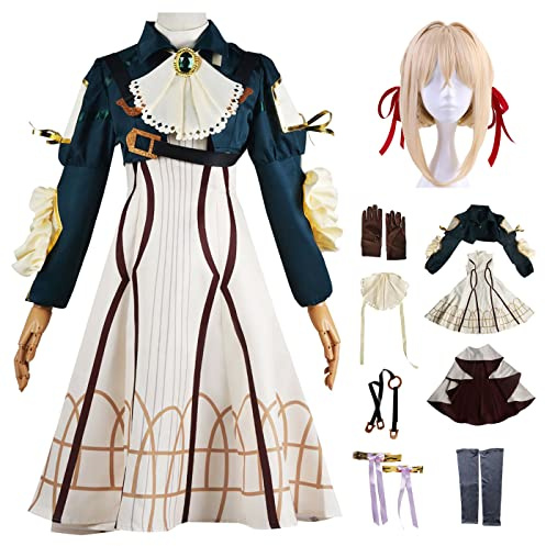 AYIMEIS Violet Evergarden Cosplay Costume Complete Set avec Perruque Déguisement de Anime Violet Evergarden Costume Robe Steampunk Noël Halloween Carnaval Fête Cosplay Fancy Dress Adulte XS-3XL