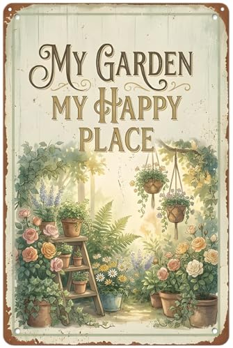 Gardening Gifts MY GARDEN MY HAPPY PLACE Vintage Garden Signs for Home Garden Greenhouse Living Room Bedroom Yard Backyard Outdoor Decor 8X12 Inch