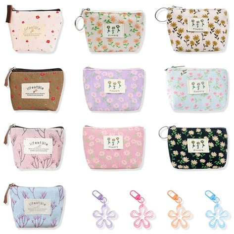 PYSEOSISE Mini Portamonete in Canvas, 10 Pezzi Mini Borsellini con Cerniera, Floreali Piccoli Portafogli Piccole Pochette con Portachiavi per Monete Carte Chiavi Cuffie