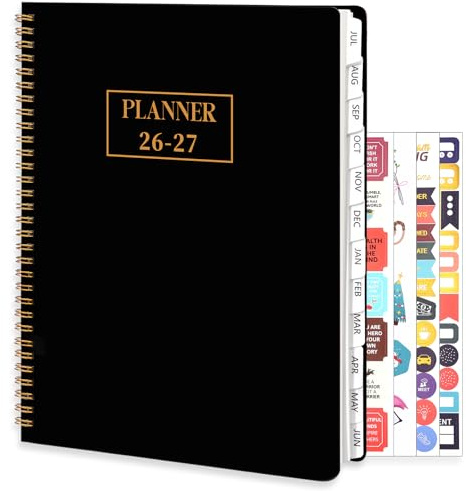 Agenda académica semanal y mensual 2026-2027, A4, 8.5 x 11 pulgadas, color negro | Julio de 2026 a junio de 2027, papel certificado FSC, pestañas planas en espiral, banda elástica de bolsillo