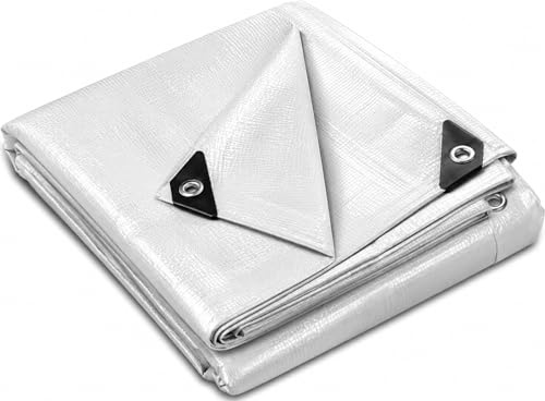 Flatro Tarpaulin Waterproof Heavy Duty 110GSM (9ft x 12ft) / (2.7m x 3.6m) White Tarpaulin Sheet with Reinforced Eyelets | UV/Tear Resistant Multipurpose Weatherproof Tarp for Garden, Farming, Camping