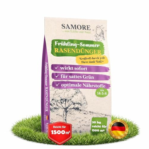 samore Rasendünger Frühjahr/Sommer I NPK Dünger für einen gesunden Rasen I verdrängt Moos geeignet für Streuwagen 30 kg für 1500 m² I staubarmes Granulat Dünger I gegen Trockenstress Frühling Sommer