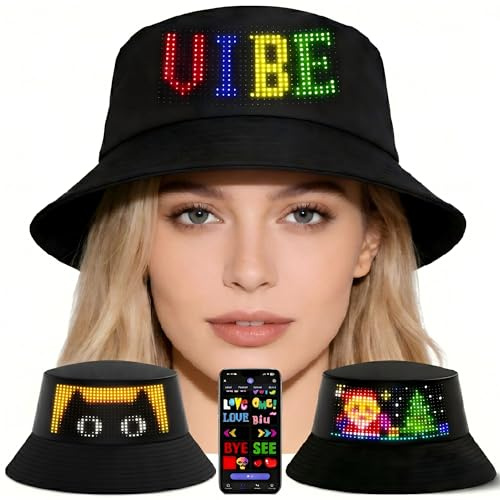 JDVOOTD LED Bucket Hat Fischerhut Programmierbar mit App-Steuerung, Leuchtender Hut mit Laufschrift Display, Cyberpunk Festival Outfit Rave Partyhut für Herren Damen, USB-C, Schwarz