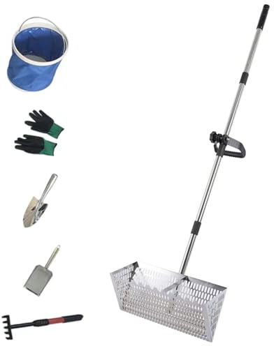Juego de rastrillo y tamiz para pulgas de arena, rastrillo de playa desmontable de acero al carbono resistente con tamiz de arena, pala, cubo y guantes para recolectar peinar la playa, pulgas para