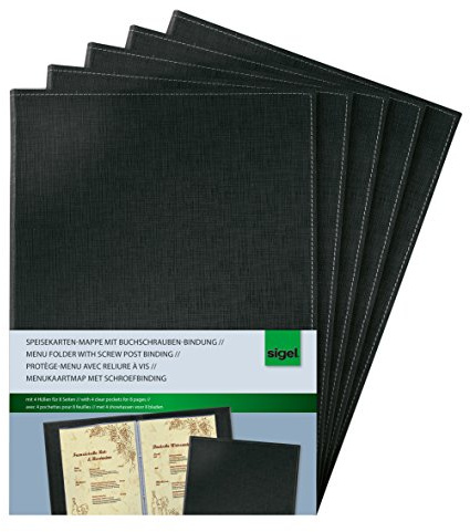 SIGEL Speisekartenmappen A4 Buchschrauben-Bindung schwarz 5er | SM130/5, schwarze Leinenstruktur für Speisekarten und Menüs