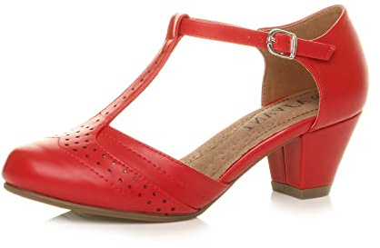 AJVANI Womens Ladies mid Cuban Heel Cut Out T-bar Mary Jane Comfort Grip Sole Brogues Sandals Shoes Size