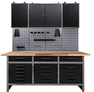Ondis24 Werkstatteinrichtung 162 cm breit, Werkbank, 3 x Werkzeugschrank, Werkzeugwand mit 22 Lochwandhaken
