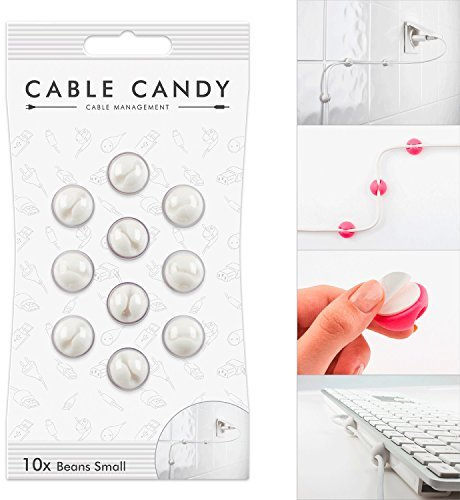 CABLE CANDY – Mini Beans - 10 Stück Kabelhalter Kabel Organizer Kabelclips. Kabelführung Kabelmanagement Zubehör für Schreibtisch, Home Office, Büro und Auto. Selbstklebend. Für Kabel bis 4mm. Weiß