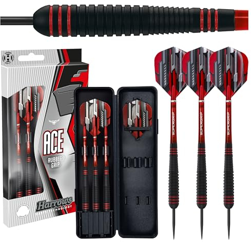 Harrows Ace Rubber Black Dartpfeile | Steeldarts-Set mit Tragetasche | 20g, 22g, 24g & 26g | Enthält Supergrip-Schäfte und 100-Mikron-Marathon-Flights (26g)