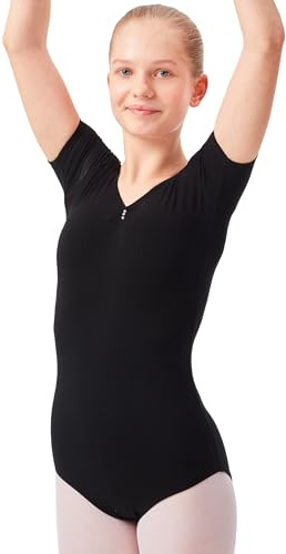 tanzmuster Ballettanzug Mädchen Kurzarm - Lisa - mit Glitzersteinen - Ballettbody Kinder Ballett Trikot - schwarz, 164/170