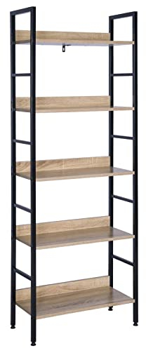 WOLTU Bücherregal, offenes Standregal mit 5 Ebenen, stehendes Regal für Wohnzimmer Schlafzimmer Arbeitszimmer, 60x160x27,5 cm, Schwarz + Helle Eiche