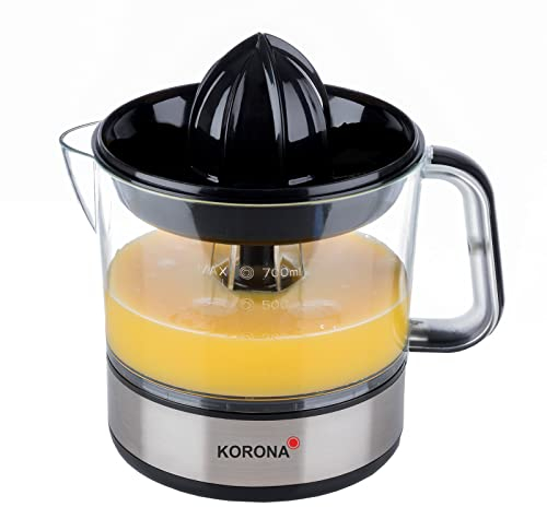Korona 27020 Zitruspresse | 40 Watt | 0,7 L Kapazität | 2 Presskegelgrößen | Staubschutzdeckel | Rechts- und Linkslauf | Edelstahl/Schwarz