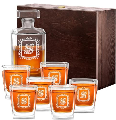 Maverton Whiskey Karaffe + 6er Whiskygläser Set mit Gravur - 700ml Whisky Dekanter - Weihnachtsgeschenke - Geschenk zum Hochzeitstag für Paar - Buchstabe