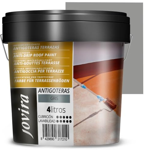 JOVIRA PINTURAS Pintura Impermeabilizante Antigoteras.Revestimiento Elastico Para Terrazas, Paredes Medianeras y Tejados. (4 Litros, Gris) A-50