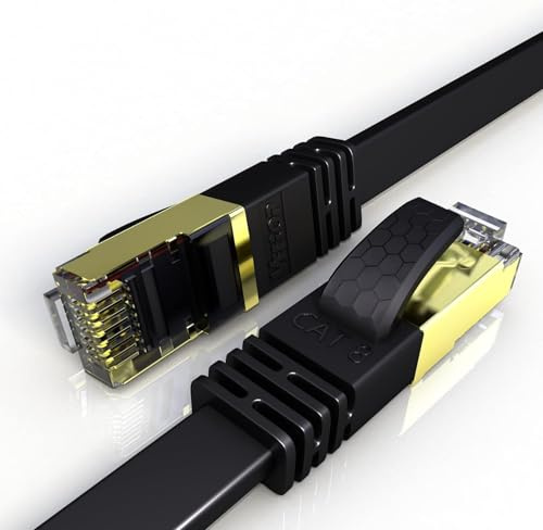 VEEtOP Cavo Ethernet Cat 8 Piatto LAN Rete RJ45 in Oro per Alta velocità 40 Gigabit / 2000 MHz (1m Nero)