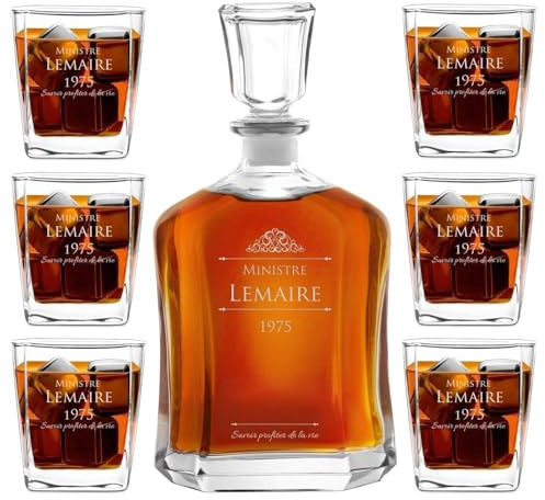 Maverton Ensemble de Carafes Personnalisés a Whisky Rhum Avec 6 Verres | Décanteur et Verres a Whisky Gravés, 700 ml Service Universel Verre Whisky et Carafe, Monogramme