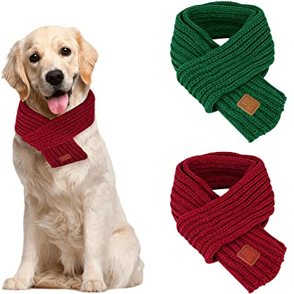 SlowTon Dog Knitted Scarf, 2 Pack Dog Warm Bandanas, Christmas Winter Holiday Decoration Scarf for Small Medium Large Dogs (Red, Green)