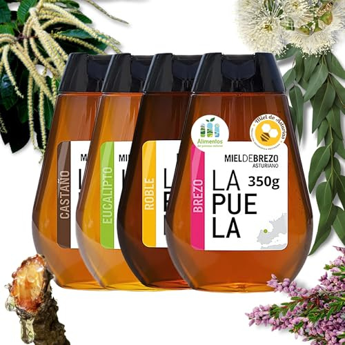 LAPUELA Pack Miel 100% Natural – Sabores Únicos con Beneficios Saludables – Miel Pura Cruda y Artesanal – Producción Tradicional Asturias (1400, Roble/Castaño/Brezo/Eucalipto)