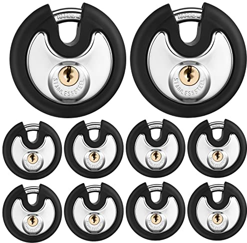 Chumia Lot de 10 cadenas à disque en acier inoxydable avec 2 clés par serrure, pour unité de rangement, abris de jardin, garages et clôtures, 70 mm