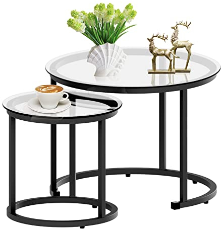 aboxoo Black Nesting Coffee Glass Table Set of 2, Metal Freme Side End Tables for Living Room Bedroom for Apartment Small Place Modern Industrial Simple, 23.6D x 23.6W x 17.7H in