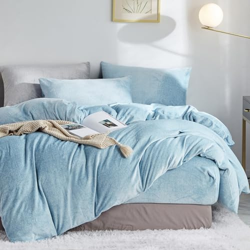 Luofanfei Flauschige Kuschel Plüsch Bettwäsche 135x200 4teilig Blau Cashmere Touch Fleece Bettwäsche 135 x 200 Frottee Nicki Samt Thermo Weiche Hellblau Uni Microfaser Winterbettwäsche Set