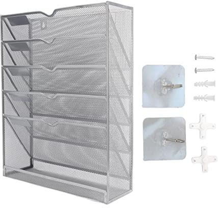 Hängender Wandordner mit 5 Fächern, 32 x 40 x 10 cm Metall Drahtmetal Zettelbox Schwarz Wandhalterung Briefhalter Aktenordner Organizer für Büro