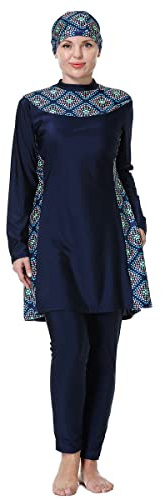 Burkini Damen Muslim Lang Große Größen Muslimische Badeanzug Frauen Langarm Druck UV Shirt+Schwimmhose+Badekappe Hijab Ganzkörper Islamisch Arabisch Modest Bademode Schwimmanzug Dunkelblau #4 3XL