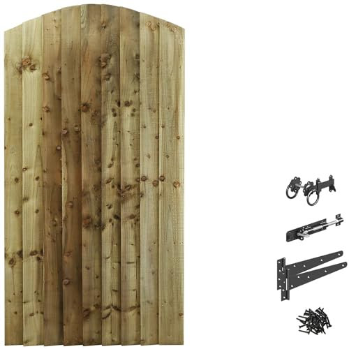 Made to Measure 6ft Wooden Garden Gate, Ring Latch Fixing Kit, Custom Feather Edge Fully Framed Arch Top Treated Timber Door for Outdoor Pathway Home Access, MAX 180cm High x MAX 90cm Wide