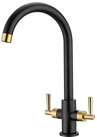 Peppermint Black and Gold Kitchen Tap Solid Brass Dual Lever Universal Fit | 360° Swivel Swan Neck Kitchen Mixer Taps, Easy 1 Hole Installation, Ideal for Renovations and Rentals, Not for Low Pressure