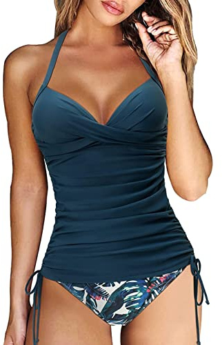 Yutdeng Tankinis Mujer Traje de Baño 2 Piezas Bañador Reductor Vientre Plano Bikini Push Up con Aros con Tanga Tankini Cuello V Correas Laterales Bañadores Deportivos Mujer Natacion,Azul Flor,S