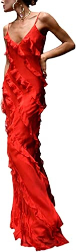Vagbalena Abito Senza Spalline da Donna con Spalline Senza Maniche Abito Senza Spalline Abito Lungo con Nappa Floreale Y2k Abito con Nappa Senza Spalline Senza Maniche Abito Trasparente (Rosso,S)